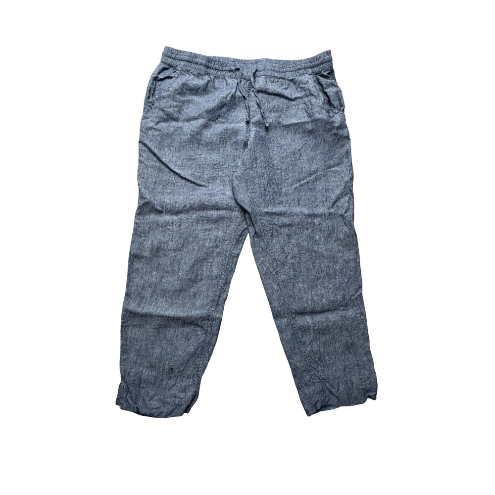 L.L.Bean Linen Crop Pants Womens Petite 16P Blue Chambray Elastic Waist S17917